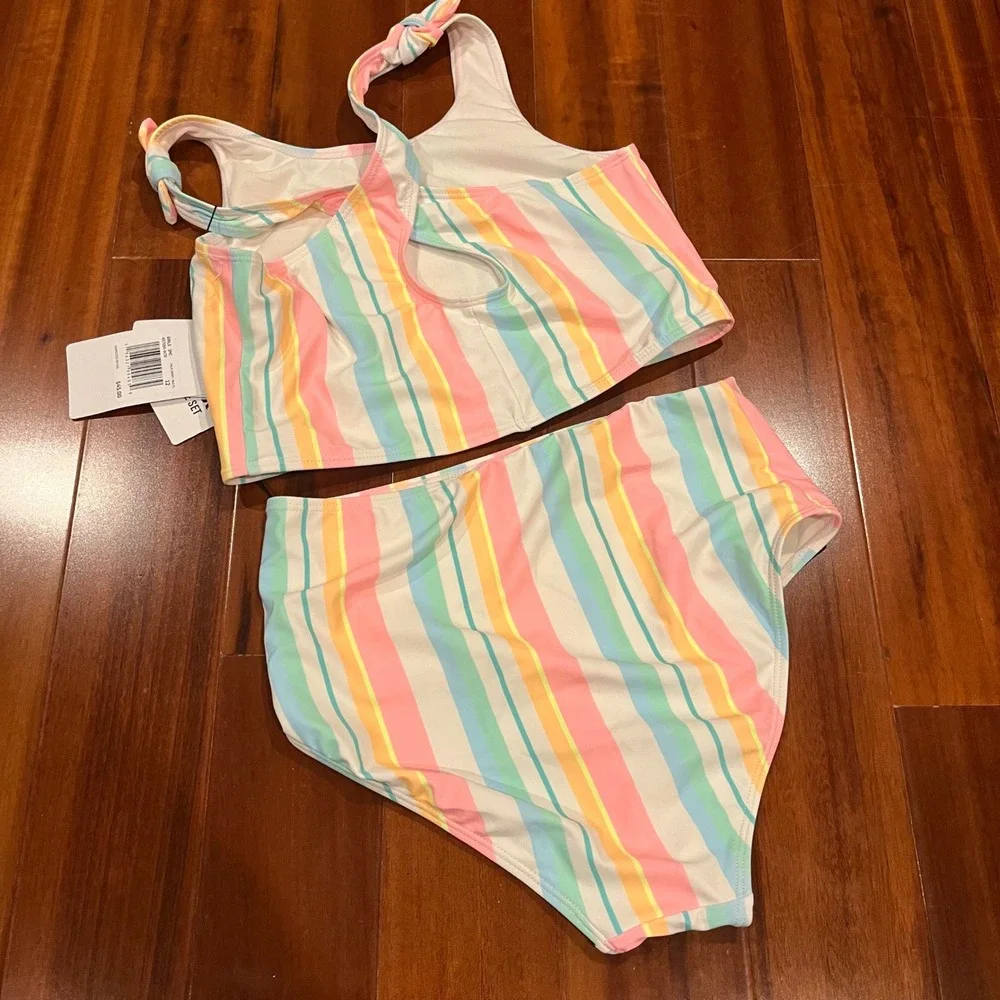 Hurley Girls Bikini Swim Set Two Piece Pale Ivory Pastel Multi Stripe Kids Sz 12